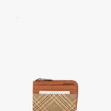 Monedero-tarjetero de mujer de piel con print a cuadros cognac