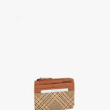 Monedero-tarjetero de mujer de piel con print a cuadros cognac