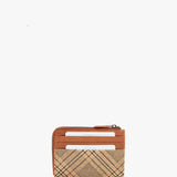Monedero-tarjetero de mujer de piel con print a cuadros cognac