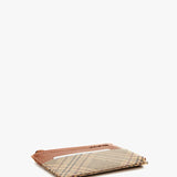Monedero-tarjetero de mujer de piel con print a cuadros cognac