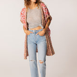 Kimono reversibile in cotone con stampa animalier rossa