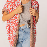 Kimono reversibile in cotone con stampa animalier rossa
