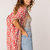Kimono reversibile in cotone con stampa animalier rossa