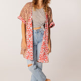 Kimono reversibile in cotone con stampa animalier rossa