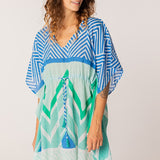 Baumwollkaftan mit geometrischem Muster in Türkis.