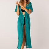 Kimono lungo in cotone color turchese