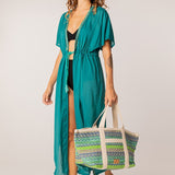 Kimono lungo in cotone color turchese