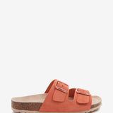 Flache Damen-Sandale aus Wildleder in Orange.