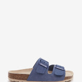 Flache Damen-Sandale aus Wildleder in Blau.