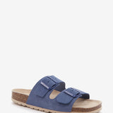 Flache Damen-Sandale aus Wildleder in Blau.