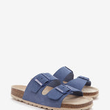 Flache Damen-Sandale aus Wildleder in Blau.