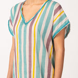Damen-Caftan aus Baumwolle mit türkisem Streifenmuster.