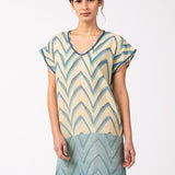 Damenkaftan aus Baumwolle mit geometrischem Print in Türkis.
