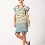 Damenkaftan aus Baumwolle mit geometrischem Print in Türkis.