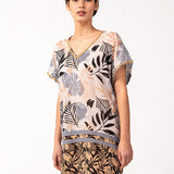 Caftán de mujer de algodón con print tropical en negro