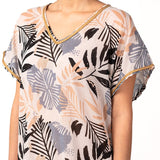 Caftán de mujer de algodón con print tropical en negro
