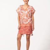Caftán de mujer de algodón con print tropical en naranja