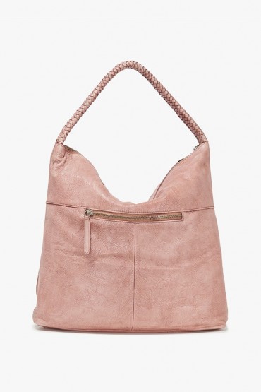 Pale pink washed leather hobo bag with embossing