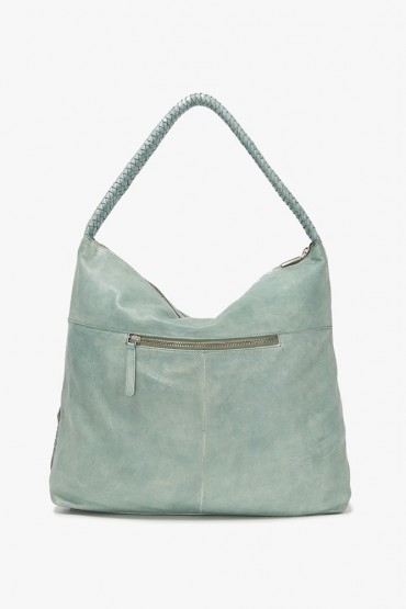 Green washed leather hobo bag with embossing