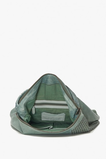 Green washed leather hobo bag with embossing