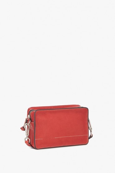 Red leather crossbody bag with stitching