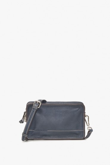 Blue leather crossbody bag with stitching