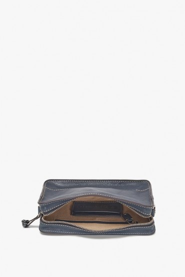 Blue leather crossbody bag with stitching