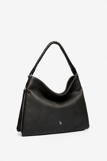 Black & grey hobo bag with intricate strap