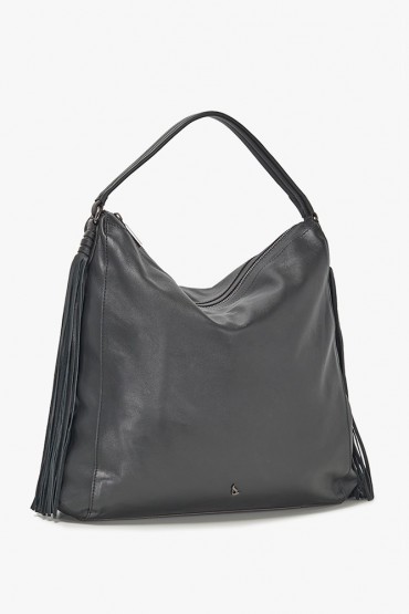 Black leather hobo bag with tassels