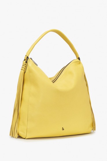 Yellow leather hobo bag with tassels