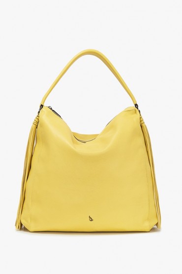 Yellow leather hobo bag with tassels