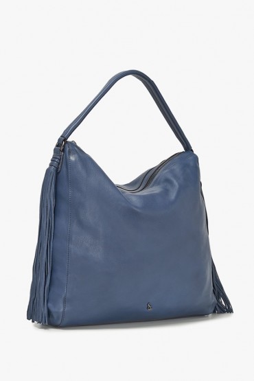 Blue leather hobo bag with tassels