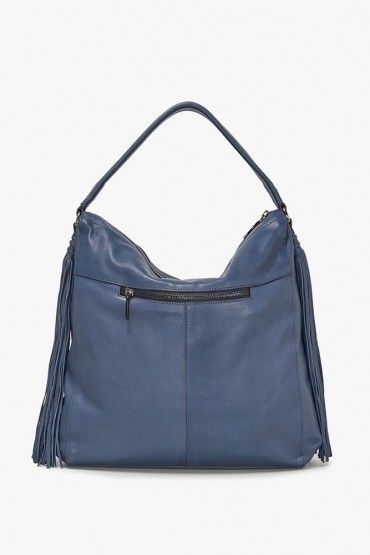 Blue leather hobo bag with tassels