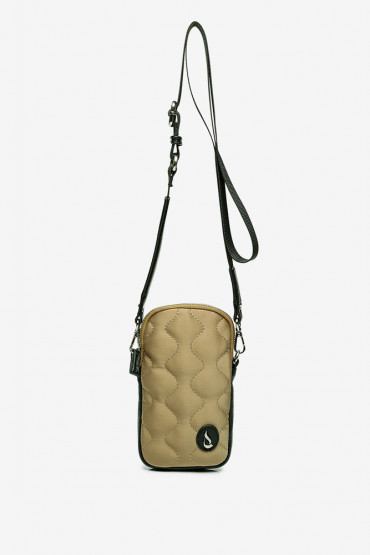 Mini bolso para móvil Ahimsa de nylon acolchado y piel oro