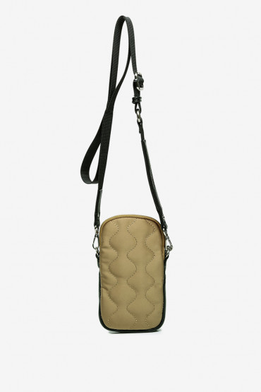 Mini bolso para móvil Ahimsa de nylon acolchado y piel oro