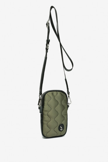 Mini bolso para móvil Ahimsa de nylon acolchado y piel verde