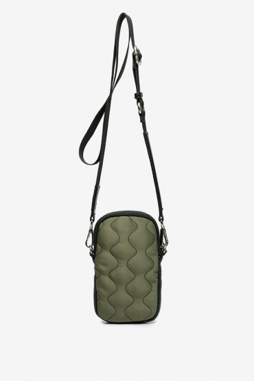 Mini bolso para móvil Ahimsa de nylon acolchado y piel verde