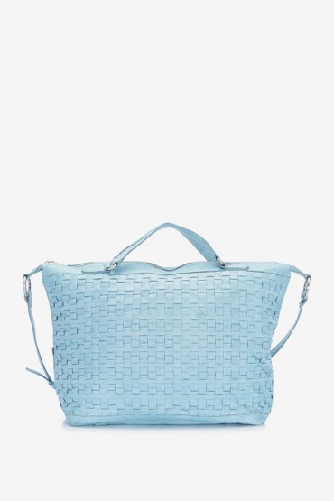 Women's turquoise shopper bag in braided leather