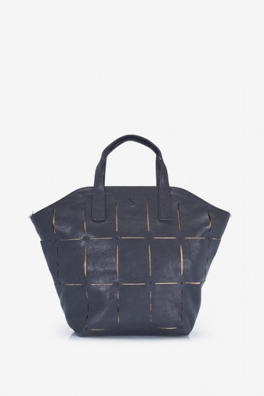 Women's black shopper bag in black die-cut leather