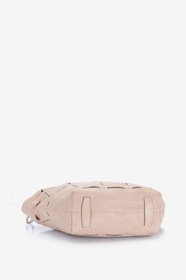 Women's beige shopper bag in black die-cut leather