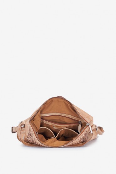 Bolso-mochila de mujer de piel trenzada en cognac