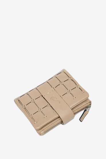Women's beige small women's leather wallet in die-cut leather