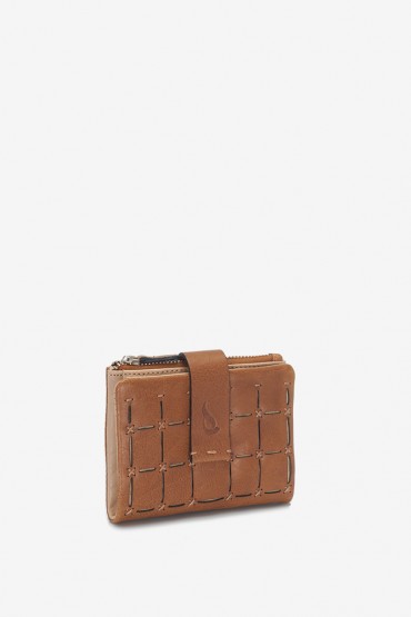 Women's cognac small women's leather wallet in die-cut leather