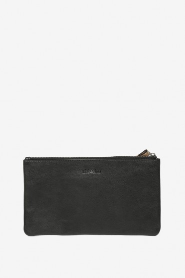 Women's black leather cosmetic bag in die-cut leather