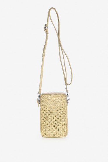 Women's yellow braided leather mini phone bag