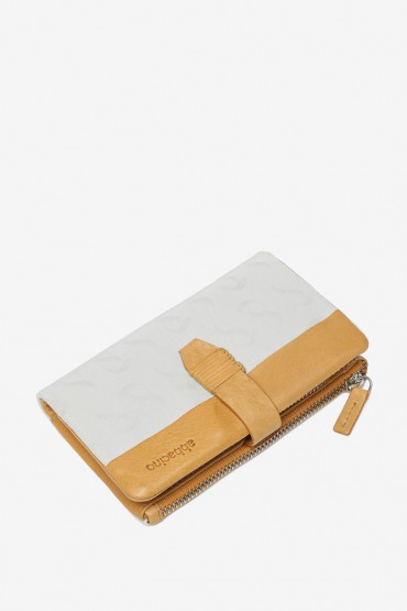 Woman's beige leather and nylon medium wallet