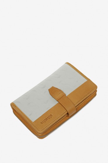 Woman's beige leather and nylon medium wallet