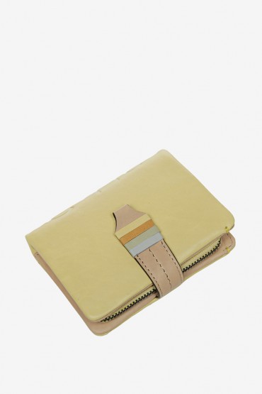 Women's small leather wallet with logo in yellow