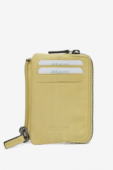 Women's small leather wallet with logo in yellow