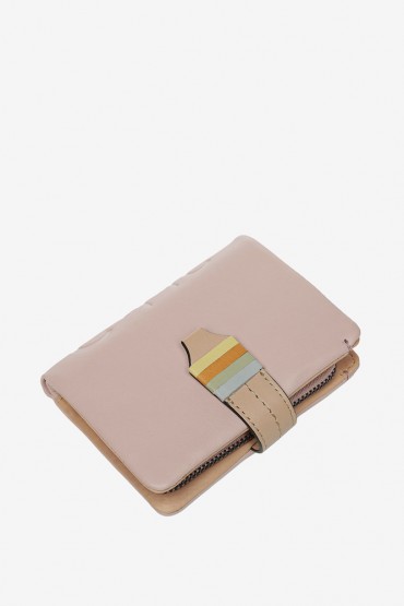 Women's small leather wallet with logo in pink